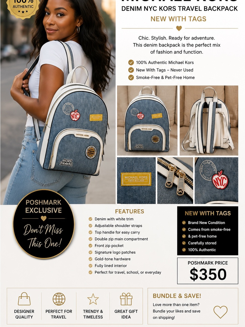 Michael Kors NYC Kors Travel Denim Backpack NWT Designer w/ MK Dustbag included